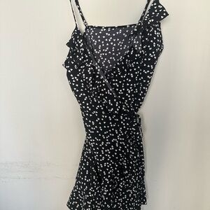 SHEIN Black and White Heart Print Ruffle Wrap Dress
